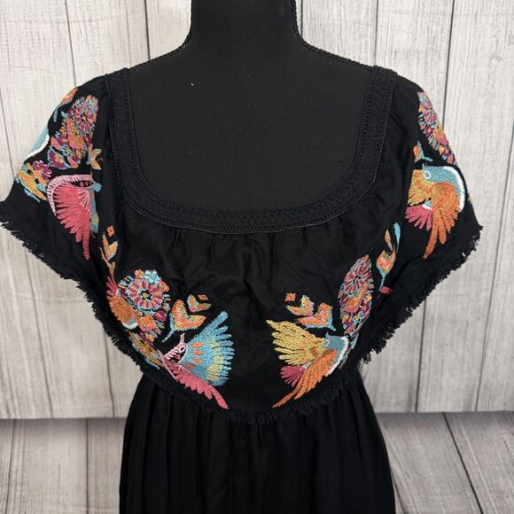 Judith March Women's Medium Black Embroidery Floral Birds Off Shoulder Dress - Picture 2 of 8